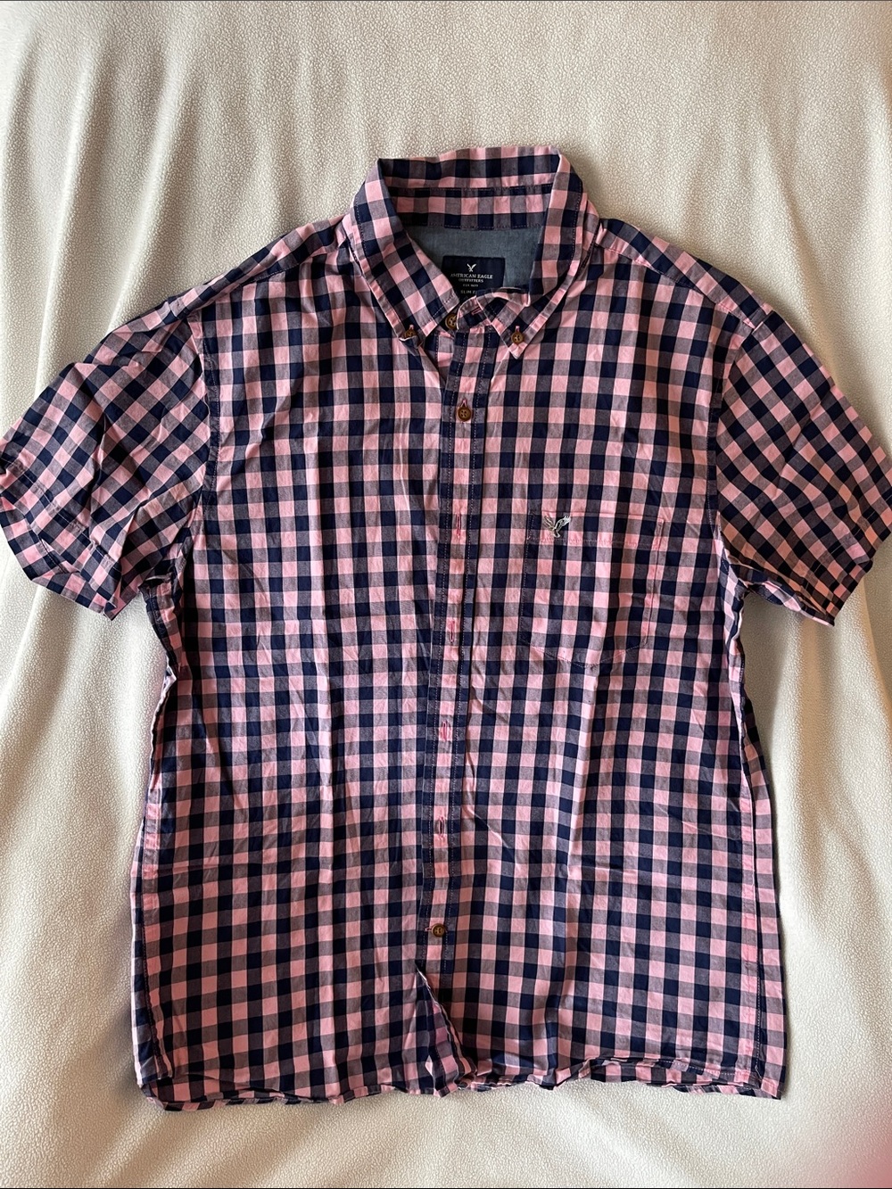 American Eagle Outfitters Pink and Navy Check Short-Sleeve Button-Down Shirt